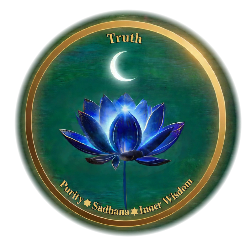 The Sathguru emblem: Truth arcs above a luminous blue lotus beneath a tilted crescent moon, within a glowing golden ring — Purity, Sadhana, Inner Wisdom curve below